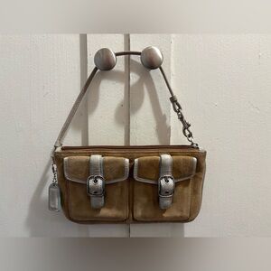 Coach Tan/Light Blue Suede Wristlet Bag with Silver Hardware